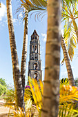 Manaca Iznaga Turm, erbaut, um die Sklavenarbeit auf den Zuckerrohrfeldern besser überwachen und die Sklaven an der Flucht hindern zu können, mit der Dampfeisenbahn durch das Valle de los Ingenios, Dampflok, Touristen, beliebter Tagesausflug, Familienreis