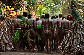 Rückansicht von spärlich bekleideten einheimischen Tänzern, Ambrym Island, Vanuatu, Südpazifik