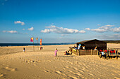 beachbar and sand dunes and blue sky, Praia da Bordeira, Carrapateira, Algarve, West Coast, Atlantic Ocean, Portugal