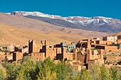 Taourirt in der oberen Dades Schlucht, Dorf mit Lehmhäusern und Lehmburgen, Hoher Atlas, Marokko