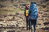 Hiker on a route through greenland, greenland, arctic.