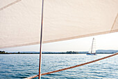 View from the skiff at the Ammersee, Ammersee lake, Bavaria, Germany, Europe