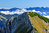 Blick auf Krenspitz und Chiemgauer Alpen im Hintergrund, von Hinteres Sonnwendjoch, Bayerische Alpen, Tirol, Österreich