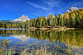 Tre Cime di Lavaredo reflecting in lake Lago d'Antorno, lake Lago d'Antorno, Dolomites, UNESCO World Heritage Site Dolomites, Venetia, Italy