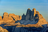 Tre Cime di Lavaredo in evening light, from Strudelkopf, Strudelkopf, Dolomites, UNESCO World Heritage Site Dolomites, Venetia, Italy