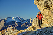 Frau wandert mit Marmolada im Hintergrund, am Lagazuoi, Dolomiten, UNESCO Welterbe Dolomiten, Venetien, Italien