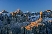 Sella range with hut rifugio Pisciadu, from Ciampac, Dolomites, UNESCO World Heritage Site Dolomites, Venetia, Italy