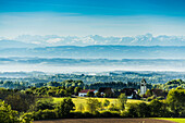 Ausblick vom Höchsten über Bodensee mit Schweizer Alpen, Linzgau, Bodensee, Oberschwaben, Baden-Württemberg, Deutschland