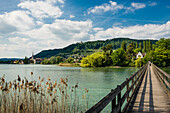 Wooden bridge crossing the Rhine River to the monastery island of Werd, Stein am Rhein, Lake Constance, Canton of Schaffhausen, Switzerland