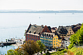 View of the lower town with harbour and Lake Constance, Meersburg, Lake Constance, Baden-Württemberg, Germany