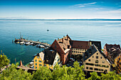 View of the lower town with harbour and Lake Constance, Meersburg, Lake Constance, Baden-Württemberg, Germany