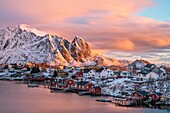 The town of Reine at sunrise, Lofoten Islands, Norway.