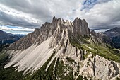 Dolomite peaks of Cadini seen from the helicopter. Cortina d'Ampezzo. Dolomites. Veneto. Italy. Europe.