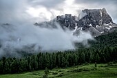 Summer clouds envelop Lastroni of Formin. Cortina d'Ampezzo. Dolomites. Veneto. Italy. Europe.