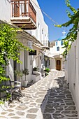 Old whitewashed streets of Parikia Town, Paros Island, Cyclades, Greece.