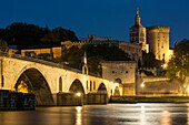 Pont d'Avignon, Papal palace (Palais des Papes) and cathedral Notre Dame at night, Avignon, France.