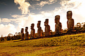 EASTER ISLAND, CHILE, Isla de Pascua, Rapa Nui, the Ahu Akivi is a sacred place in Rapa Nui that looks out toward the Pacific Ocean, the site has seven Moai which are all of equal size and shape