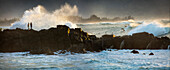 HAWAII, Oahu, North Shore, surfers out in the water at outside point in Waimea Bay seen from Pupukea Beach Park