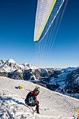 paraglider, winterly landscape, mountains, snow, Werfenweng, Austria, the Alps, Europe