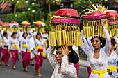 Balinese Women Carrying Offerings At A Melasti Ceremony; Kuta, Denpasar, Bali