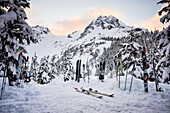 Pairs Of Skis And Poles In The Snow In The Backcountry In Winter; British Columbia, Canada