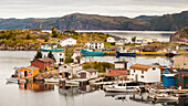 A fishing village with colourful sheds and houses along the Atlantic coastline; Bonavista, Newfoundland, Canada