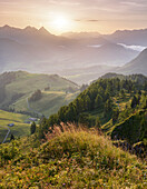 View from the Kitzbüheler Horn in the direction of Fieberbrunn, Leoganger stone mountains, Tyrol, Austria