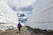 A woman hiking up a road on Whistler Blackcomb, on a gloomy spring day, were the snow has been cleared for the spring. Snow walls over 20 feet tall line both sides of the road. Whistler, British Columbia, Canada
