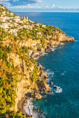 Praiano, Amalfi coast, Salerno, Campania, Italy, View of Praiano village and coastline at sunset
