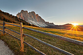 Sunset in Puez-Odle Natural Park, Dolomites, South Tyrol, Funes Valley/Villnoss, Bolzano, Italy.