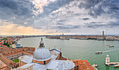 Lookout from the Bell Tower of San Giorgio with the Giudecca Canal in the foreground, Venice, Veneto, Italy.