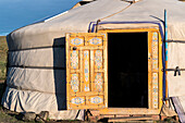 Painted door of a Mongolian nomadic ger, Bayandalai district, South Gobi province, Mongolia