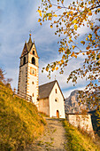The church of San Bernardo in autumn. La Villa, Val Badia, Trentino Alto Adige, Italy