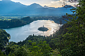 Slovenia, Bled, Bled island and Church of the Assumption of Maria at sunrise