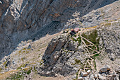 Rifugio Franchetti photographed by the summit of Gran Sasso, Campo Imperatore, L'Aquila province, Abruzzo, Italy, Europe