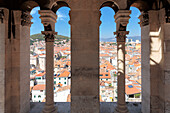 View of Split old town and beyond from inside the bell tower of Cathedral of Saint Domnius, Dalmatia, Croatia