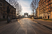 Milan, Lombardy, Italy, Porta Sempione or Arco della Pace at sunrise