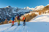 Ski mountaineers, Monte Olano, Gerola Valley, Sondrio province, Valtellina, Lombardy, Italy