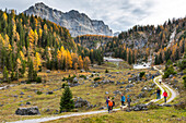Walking tourists at the Pozzoi mountain range Europe, Italy, Trentino Alto Adige, Trento district, Non Valley, Ville d'Anaunia