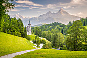 Maria Gern Church, with Bayern Alps and Mount Watzmann on the background, during sunset. Berchtesgaden, Berchtesgaden Land, Bayern, Germany.