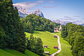 Wamberg village with Mount Zugspitze and Waxenstein on the background, Garmisch Partenkirchen, Bayern, Germany.