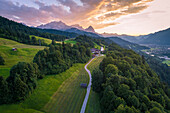 Aerial view of the iconic Wamberg village, near Garmisch Partenkirchen, Bayern Alps, Germany