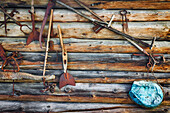 Old farmer's tools, Soglio, Maloja region, Canton of Graubunden, Bregaglia valley, Switzerland, Europe,rusty