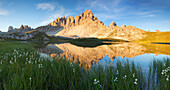 Sunrise at Piani Lakes with Paterno Mount, Dolomites, Innichen, South Tyrol, Italy