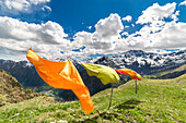 Clothes hanging on the Sattal Alp (Sattal Alp, Alagna Valsesia, Valsesia, Vercelli province, Piedmont, Italy, Europe)