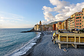 People on the beach and seafront, Camogli, Genoa Province, Liguria, Italy