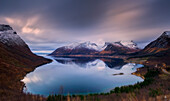 Bergsbotn early dawn lights, Senja Island Troms, County Norway Europe