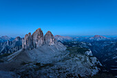 Sesto / Sexten, province of Bolzano, Dolomites, South Tyrol, Italy, The Three Peaks of Lavaredo in the blue hour