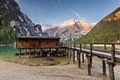 Wood hut, Lake Braies (Pragser Wildsee), Dolomites, province of Bolzano, South Tyrol, Italy