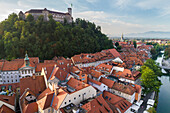 Elevated view of Ljubljiana old town, with the Franciscan Annunciation church and the Castle, Ljubljiana, Osrednjeslovenska, Slovenia